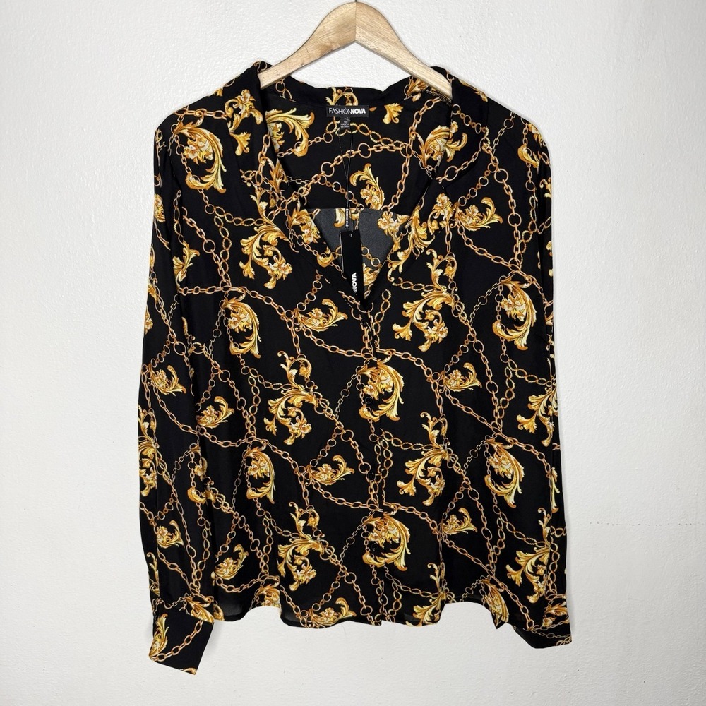 New Fashion Nova Oh She Classy Top Black Combo Long Sleeve Womens 1X Blouse